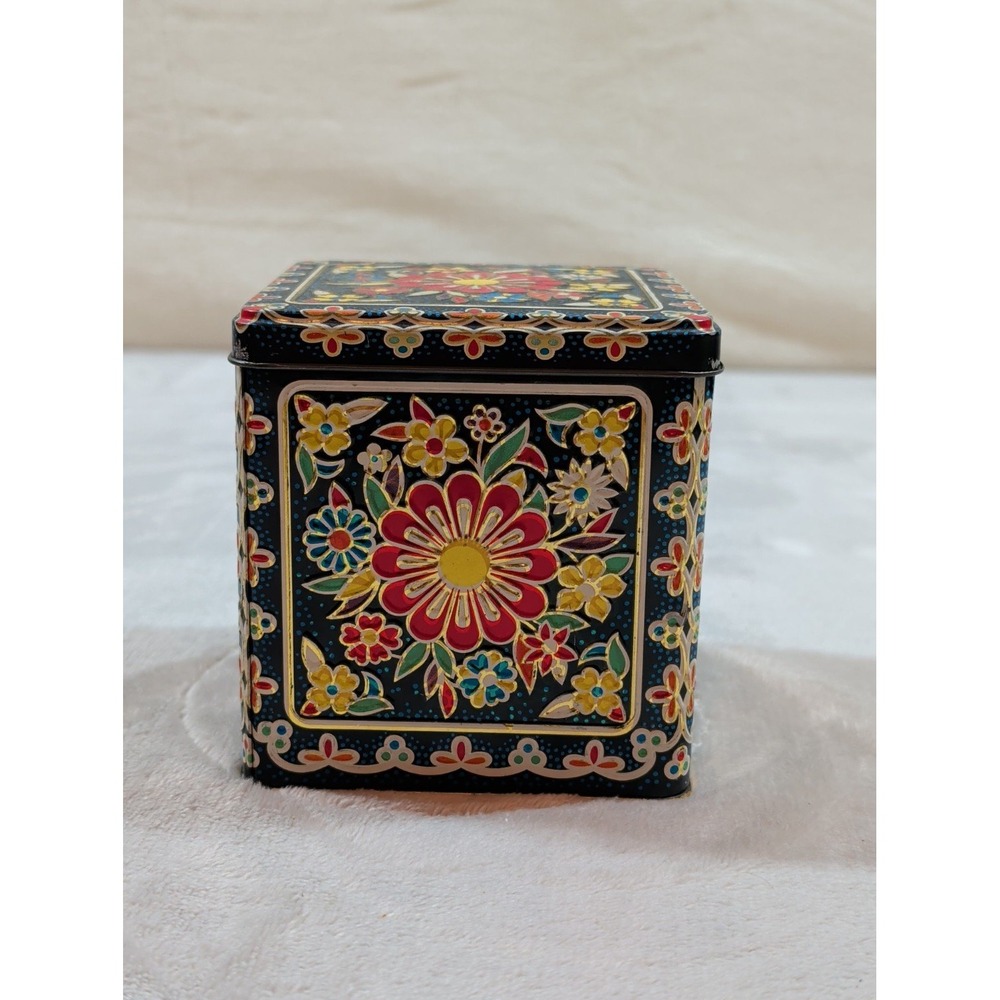 Vintage Daher Floral Tin Box Made in England Black Gold Red Square Container